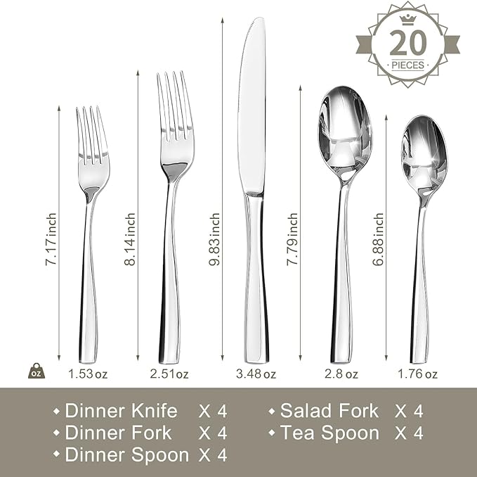 HIKAA 20-Piece Silverware Set for 4, Heavy Duty Stainless Steel Flatware Cutlery Set For Home Kitchen Restaurant Hotel, Kitchen Utensils Set, Mirror Polished, Dishwasher Safe
