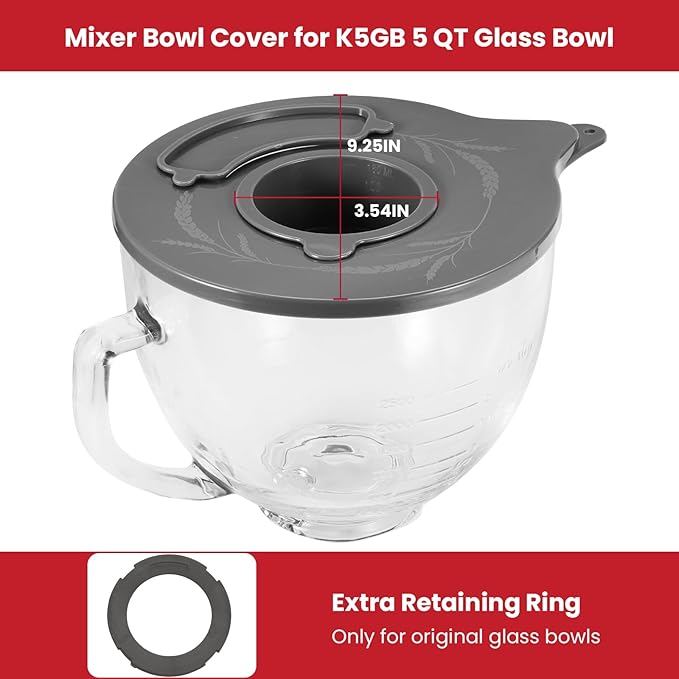 Glass Bowl Lid for KitchenAid K5GB 5 Quart Tilt-Head Stand Mixer, Mixer Bowl Cover Prevent Dry/Wet Ingredients Splash-Outs, Mixer Splash Guard with Extra Pouring Window
