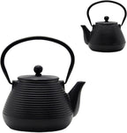 20.3oz Small Cast Iron Teapot, SECHUDO Cast Iron Tea Kettle for Stovetop Safe Coated with Enameled Interior, Cast Iron Tea Pot with Stainless Steel Infuser for Loose Tea (Black Pinstripe Pattern)