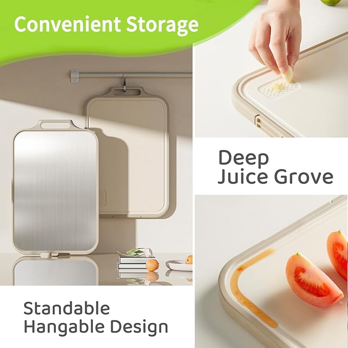 Titanium Cutting Board, Double Sided Cutting Board for Kitchen with Food Grade Pure Titanium and Wheat Straw PP, Easy to Clean, Stand-Up Design