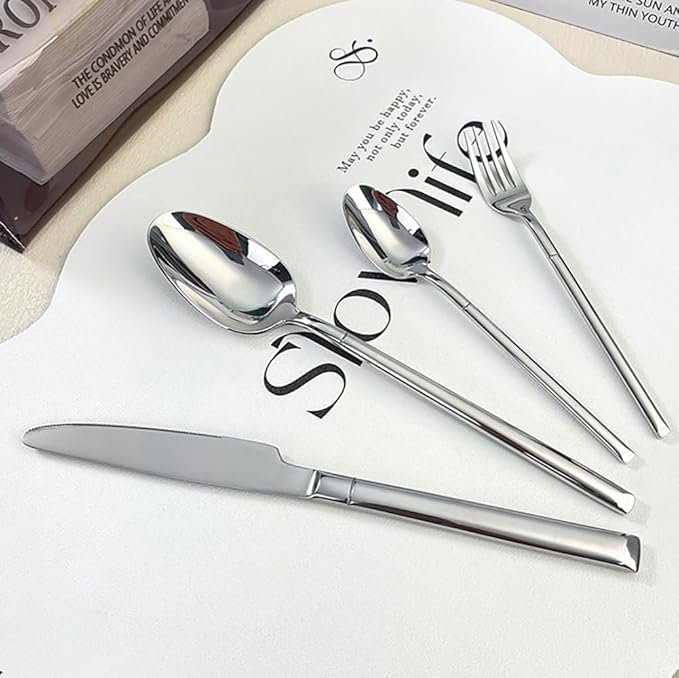 Silverware Set for 4 Modern 16 Piece 18/10 Stainless Steel Square Flatware Set Nice Weight Mirror Polished Kitchen Utensils Cutlery Sets for Home Restaurant Wedding Tableware Dishwasher Safe