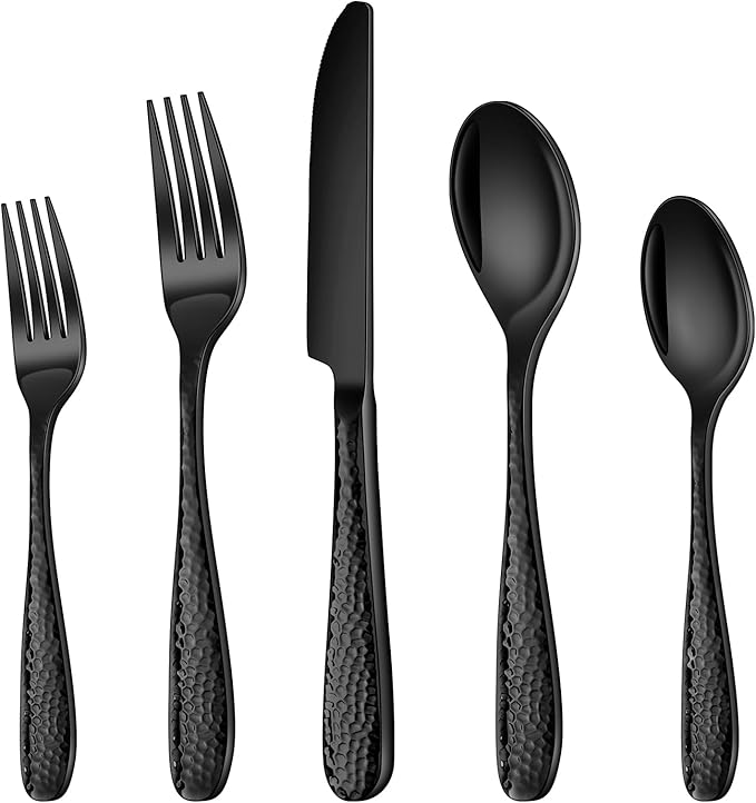 Hammered Silverware Set, Ollex 60-Piece Black Flatware Set for 12 Mirror Finish Stainless Steel Eating Utensils Sets Include Forks Spoons and Knives Tableware Kitchen Cutlery Sets, Dishwasher Safe