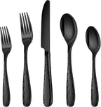 Hammered Silverware Set, Ollex 60-Piece Black Flatware Set for 12 Mirror Finish Stainless Steel Eating Utensils Sets Include Forks Spoons and Knives Tableware Kitchen Cutlery Sets, Dishwasher Safe