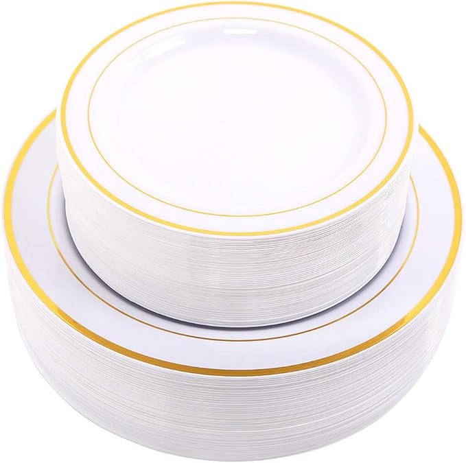 WDF 60PCS White Gold Plates Disposable - Gold Plastic Plates, Including 30-10.25inch Gold Dinner and 30-7.5inch Salad/Dessert for Thanksgiving