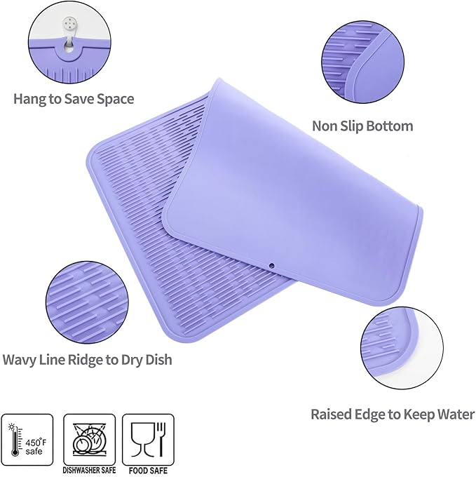 Silicone Dish Drying Mat for Multiple Usage,Easy clean,Eco-friendly,Heat-resistant Silicone Mat for Kitchen Counter or Sink,Refrigerator or Drawer Liner Light Purple 4XL 32 inches x 18 inches