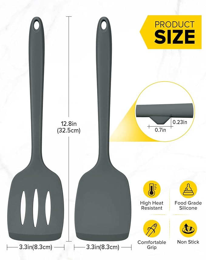 Pack of 2 Silicone Spatula Turners, Non Stick Slotted Kitchen Spatula Set, Heat Resistant BPA Free Kitchen Utensils, One-Piece Design, Suitable for Flipping Fish, Eggs, Steak, Pancakes(GRAY)