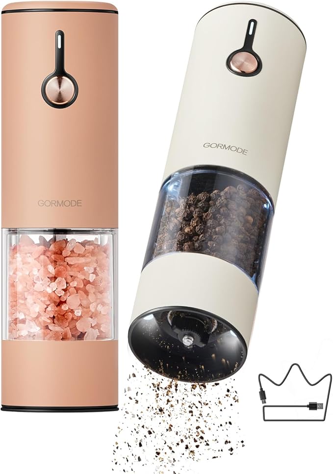 Electric Pepper Grinder and Salt Mill Set - Large Capacity USB Rechargeable Automatic Grinder with Dual LED Lights, One-Handed Operation & Slide Cover - 2Pack-Stainless Steel Peach Orange+Cream