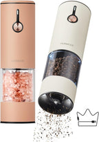 Electric Pepper Grinder and Salt Mill Set - Large Capacity USB Rechargeable Automatic Grinder with Dual LED Lights, One-Handed Operation & Slide Cover - 2Pack-Stainless Steel Peach Orange+Cream