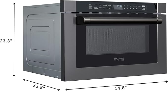 KoolMore Reserve 24 in. 1.2 cu. ft. Microwave Drawer with Electric Door Opening, 10 Power Levels, Sensor Cooking, Melt, Defrost, Bake, Roast, Broil, 1500 Watts, UL Certified in Black Stainless-Steel