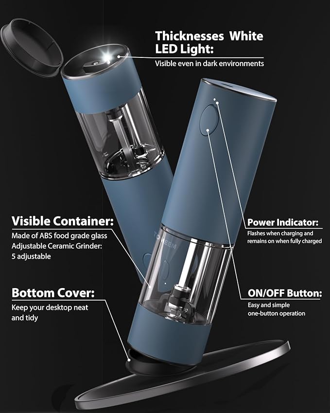 TOMEEM Upgraded Larger Capacity Electric Salt and Pepper Grinder Set Rechargeable with LED lights, Stainless Steel Automatic Pepper and Salt Grinder Refillable with 5 Adjustable Coarseness Blue