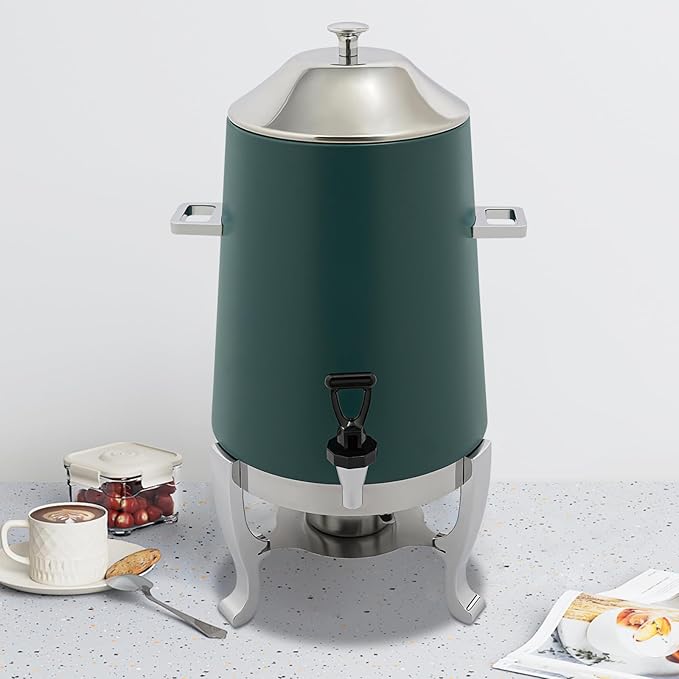 Coffee Urn with Fuel Holder 3.5 Gal/13L, Stainless Steel Beverage Dispenser Hot Drink Dispenser with Stand, Tea Water Coffee Chafer Urn for Parties Buffet Catering Commercial Home (Silver, Green)