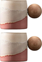 2-Oz Ceramic Espresso Cups with Wood Handle, 2/4-Piece Set for Coffee, Tea, Latte - Dishwasher Safe, Multi-Color & Wood Styles, Gift & Café Use (Kiln turning pink, Round Handle2)