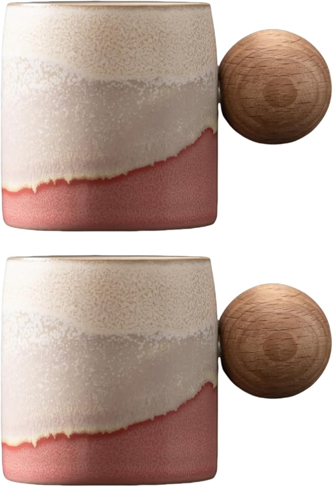 2-Oz Ceramic Espresso Cups with Wood Handle, 2/4-Piece Set for Coffee, Tea, Latte - Dishwasher Safe, Multi-Color & Wood Styles, Gift & Café Use (Kiln turning pink, Round Handle2)