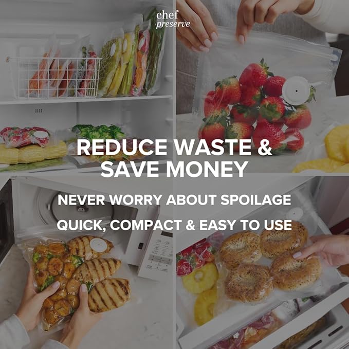 Chef Preserve Reusable Vacuum Sealer Bags for Food – 30 BPA-Free Small (8 x 10 in) Food Storage Bags, Freezer, Microwave – Odor-Resistant, Leak-Proof – Compatible with Chef Preserve Vacuum Sealers