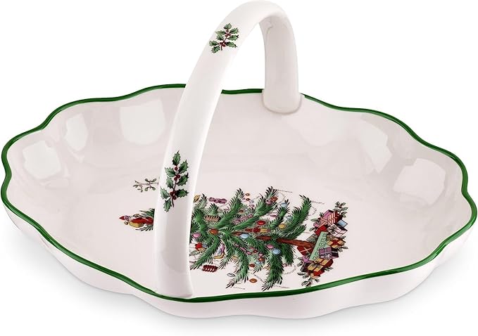 Spode Christmas Tree Oval Breadbasket, 10 Inch Handled Bowl for Fruit, Bread, Cookies - Fine Earthenware Gift, Festive Tabletop Holiday Serveware & Seasonal Decor, Dishwasher Safe Tableware
