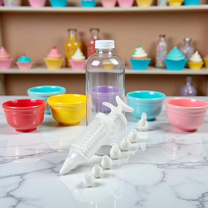 A Set Pipe Nozzles with Syringe, 8Pcs Plastic Cream Baking Piping Nozzle Dispenser Icing Pastry Tips Tube Decoration Tool
