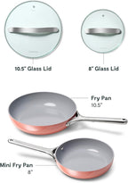 Caraway Ceramic Nonstick Fry Pan Set with Glass Lids – Includes Two 10.5” Fry Pans, One 8” Fry Pan, & Three Lids - Non Toxic, PTFE & PFOA Free - Oven Safe & Compatible with All Stovetops - Perracotta
