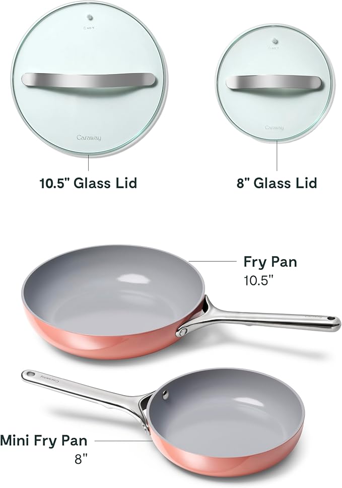 Caraway Ceramic Nonstick Fry Pan Set with Glass Lids – Includes Two 10.5” Fry Pans, One 8” Fry Pan, & Three Lids - Non Toxic, PTFE & PFOA Free - Oven Safe & Compatible with All Stovetops - Perracotta