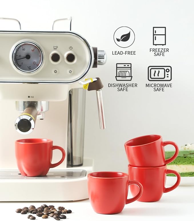 Hasense Ceramic 3 OZ Espresso Cups, Porcelain Espresso Demitasse Cups Set of 4 for Double shot, Lungo and Ristretto, Tiny Italian Expresso Shot Coffee Mugs for Home and Office, Red