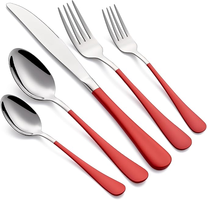 20-Piece Red Silverware Set 18/0 Stainless Steel Silverware Set Red Handle Cutlery Set Service for 4 Dinner Knives Forks Spoons Set Flatware Set Finish Dishwasher Safe