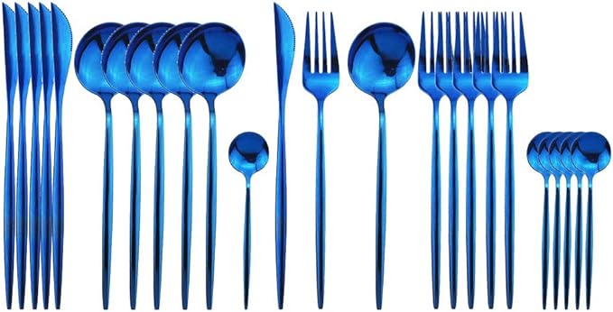 JASHII 24 Pieces Cutlery Flatware Set 304 Stainless Steel Home Kitchen Set, Mirror Polished, Knife/Fork/Spoon, Modern Elegant Tableware Set for Party, Christmas, Dinner (Blue)