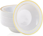 JOLLY PARTY 50PCS Plastic Bowls with Gold Rim-12oz disposable Soup Bowls, Christmas Thanksgiving Premium Dessert Salad Bowl for Wedding/Party