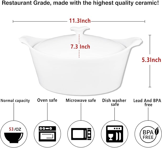 8.7" x 6.7" Ceramic Oval Casserole Dish with Lids,1.6 Qt White French Serving Soup Tureens, Baking Dish with Handle 11.3 IN, for Casseroles, Lasagna Cookware Set, Microwave, Oven Safe
