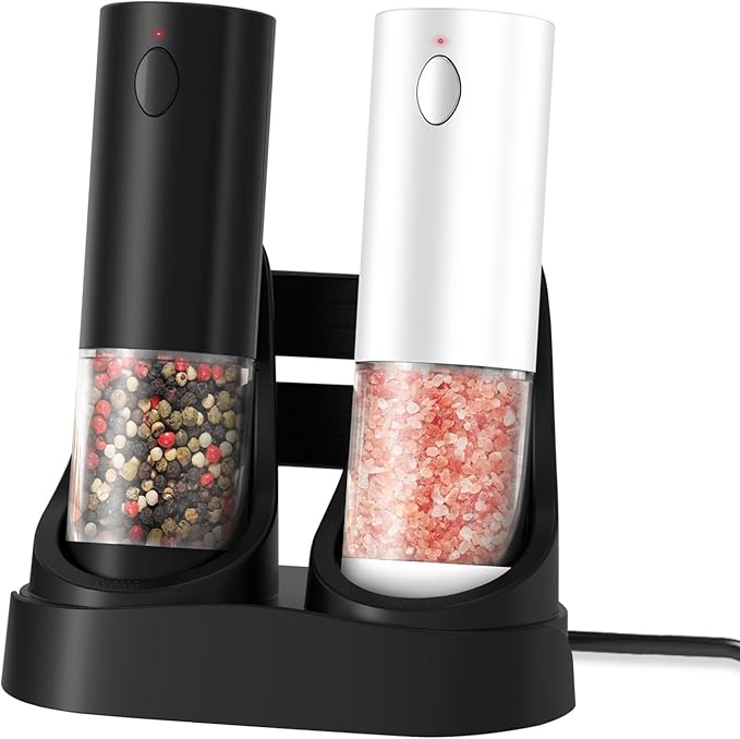 Electric Salt and Pepper Grinder Set with Base Rechargeable with LED lights, Automatic Salt and Pepper Mill Set Refillable with 5 Adjustable Coarseness Black & White