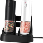 Electric Salt and Pepper Grinder Set with Base Rechargeable with LED lights, Automatic Salt and Pepper Mill Set Refillable with 5 Adjustable Coarseness Black & White