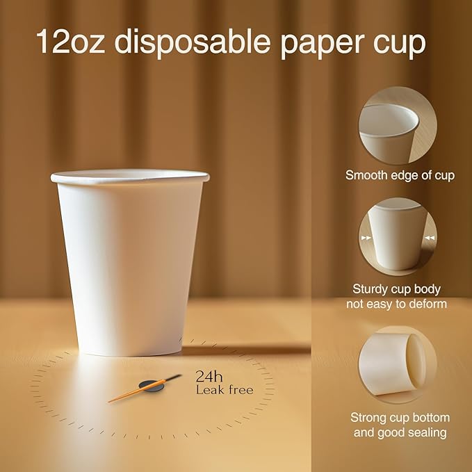 100 Pack 12 oz White Disposable Coffee Cups,White Hot/Cold Beverage Drinking Cup for Cold and Hot Drinks