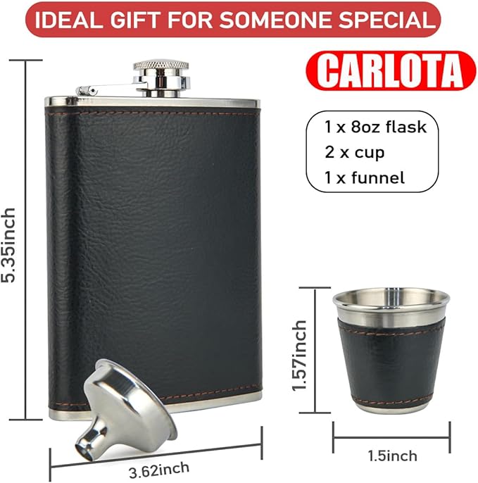 Hip Flask Gift Set, Hip Flasks for Liquor for Men with Black Leather Cover, 8 Oz Hip Flask Set, 18/8 Stainless Steel Hip Flasks for Liquor with 2 Cups & Funnel, Flasks for Liquor for Men Gift Box1