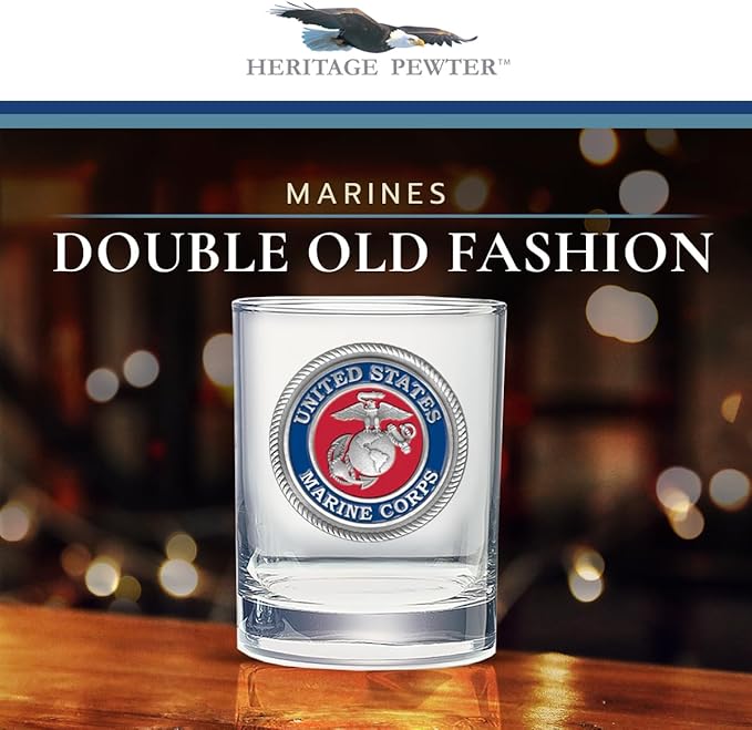 Heritage Pewter Marines Double Old Fashion- Eagle Globe & Anchor | Double Rocks Glass 14 OZ for Liquor | Expertly Crafted Pewter Glass