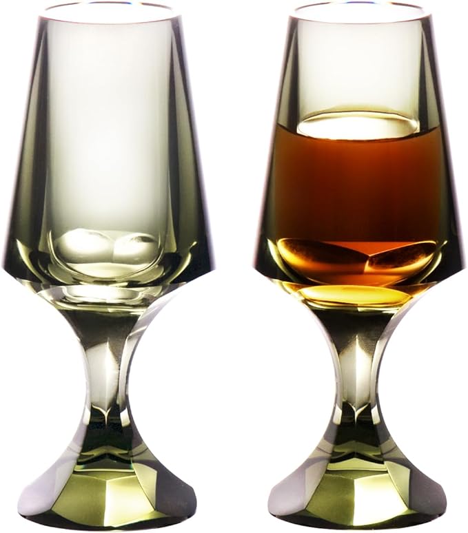 KAMMAK Crystal Snifter Glass Set of 2 - Hand Blown Stemmed Whiskey Glass for Bourbon-2.37oz, Brandy & Cognac with Delicate Rim, Colored Elegant Etched Detailing, Luxury Barware for Tasting & Gift