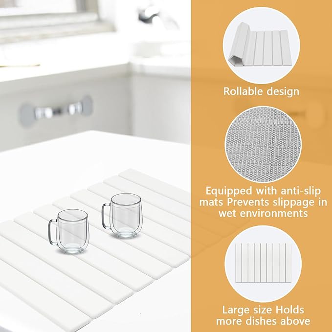 Large Stone Drying Mat, Diatomite Dish Drying Mat, Dish Mat Drying Kitchen Mat - Storable & Anti-Slip for Kitchen, Square, White, 24"x16"