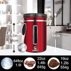 Coffee Canister - Large, Stainless Steel Airtight Coffee Containers with Transparent Window,Date Tracker, CO2-Release Valve and Measuring Scoop for Freshness of Storage Coffee (Red)