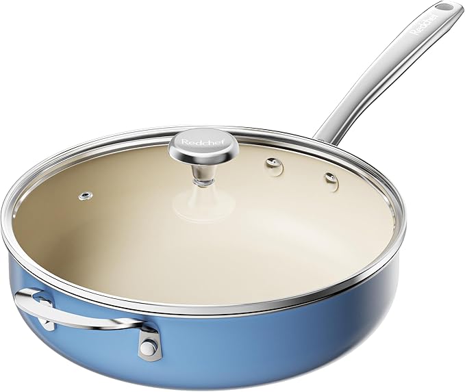 Redchef Ceramic Saute Pan with Lid, Nonstick Deep Frying Pan, 5QT Jumbo Cooker with Helper Handle & Lid, Non Toxic Ceramic Cooking Pan, Chef Pan, Dishwasher & Oven Safe, PFAS PFOA & PTFE Free（Blue）