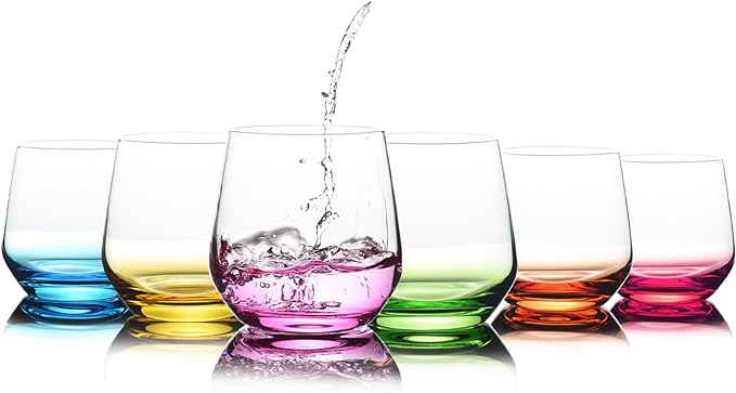 Stemless Wine Glasses Set of 6 - Hand Blown Colored Short Wine Tumblers - 15 oz Elegant Sparkling Wine Glass - Unique Gift for Birthday,Wedding, Mother’s Day