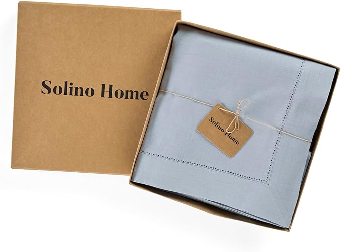 Solino Home Dusty Blue Linen Tablecloth 60 x 90 Inch - 100% Pure Linen Hemstitch Table Cloth for Rectangle Tables - Classic Hemstitch, Machine Washable Tablecloth for Summer, Fall, Autumn