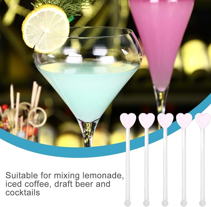 Glass Swizzle Sticks for Cocktails Drinks, 5Pcs Heart Shape Drink Swizzle Sticks Glass Coffee Beverage Cocktail Stirrers Stirring Spoons for Restaurant Home Bar Party