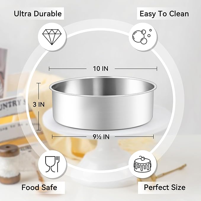 Leonyo 9½ Inch Cake Pan 2 Pack, Round Baking Pan Stainless Steel Layer Birthday Wedding Cake Oven Pans, Bakeware Set for baking, Even Heating, Non Toxic & Healthy, Heavy-Duty, Dishwasher Safe