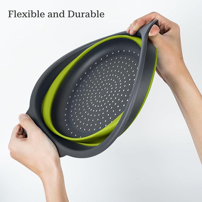 Collapsible Colander 3-Pack Set Space-Saving Foldable Kitchen Strainer with Non-Slip Base Durable Thickened PP+TPE Collapsible Strainers for Pasta, Vegetables, Fruits (Gray-Green)