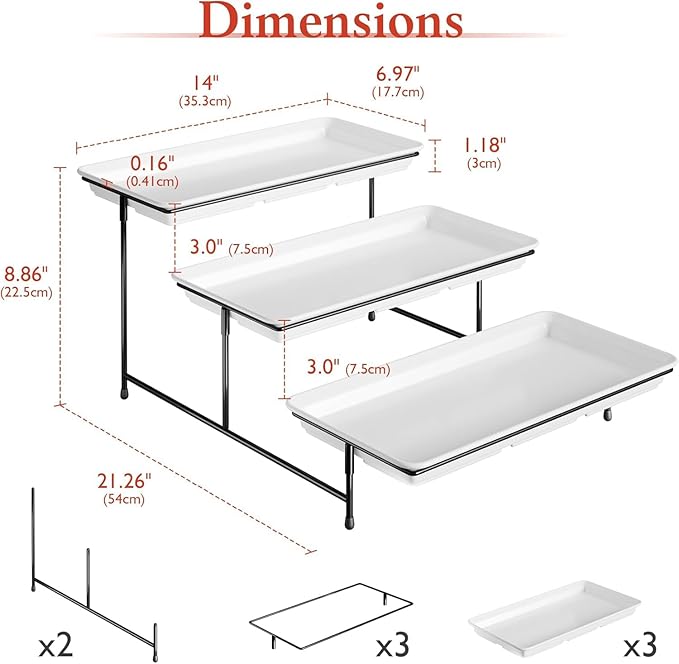 3-Tier Melamine Serving Tray Set, 14"x7" Platters for Serving Food, White Reusable Trays with Black Metal Display Stand for Cupcakes, Sevring Food, Dessert, Fruit, Cookie, Black