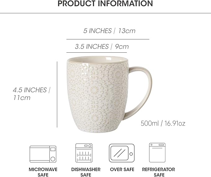 Coffee Mug Set of 4-16 oz Large Ceramic Mugs, Porcelain Embossed Coffee Cups for Cocoa, Tea, Milk, Mocha, Cappuccino - Housewarming Wedding Decoration, Dishwasher Safe, 3.5 x 4.5 inch