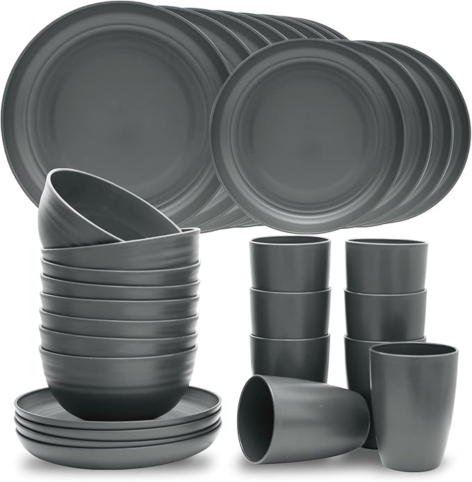 32-Piece Kitchen Plates and Bowls Sets,Lightweight Plastic Dishes Set for 8,Unbreakable Dinnerware Sets,Reusable Plates Set,Dishwasher and Microwave Safe, Dish Sets for Outdoor Camping,RV,Grey