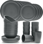 32-Piece Kitchen Plates and Bowls Sets,Lightweight Plastic Dishes Set for 8,Unbreakable Dinnerware Sets,Reusable Plates Set,Dishwasher and Microwave Safe, Dish Sets for Outdoor Camping,RV,Grey