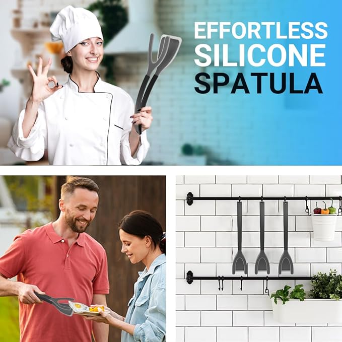 Silicone Egg Flipper Spatula Tongs (Set of 1) – Non-Stick 2-in-1 Grip & Flip Kitchen Tongs for Pancakes, Fish, Eggs, and More – Heat Resistant Cooking Tool (Black) (Black)