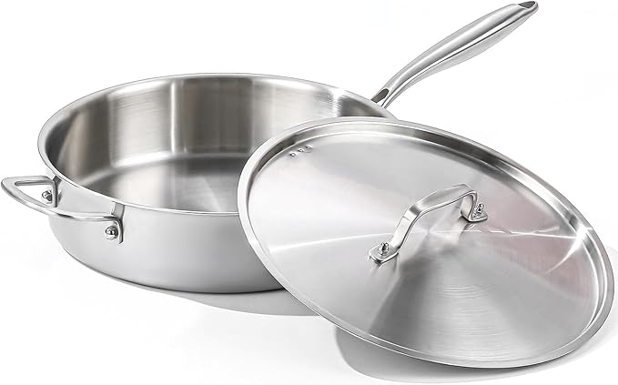 DELARLO 7QT Saute Pan Jumbo Cooker Tri-Ply Stainless Steel Pan, 12Inch Deep Frying Pan with Steel cover, Kitchen Large Skillet,Heavy Duty Style Compatible With All Cooktops Up to 650℉