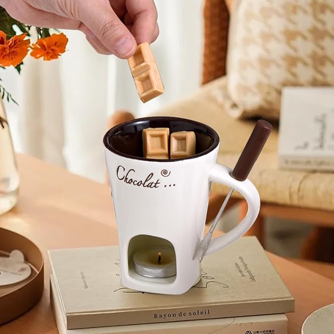 Chocolate Fondue Mug with Fork, Chocolate Fondue Cup, Personal Chocolate Melting Cup for Cheese, Ceramic Chocolate Melting Cup, Chocolate Melting Mug For Date Night Birthday Wedding Gifts (Red)