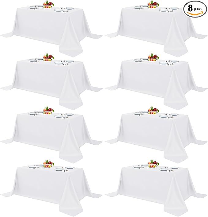 Fitable 8 Pack Rectangle Tablecloths: Stain Resistant Wrinkle Free Circle Table Clothes, Washable Reusable Polyester Table Covers for Wedding Party Birthday Banquet Reception(White, 90x132 Inch)