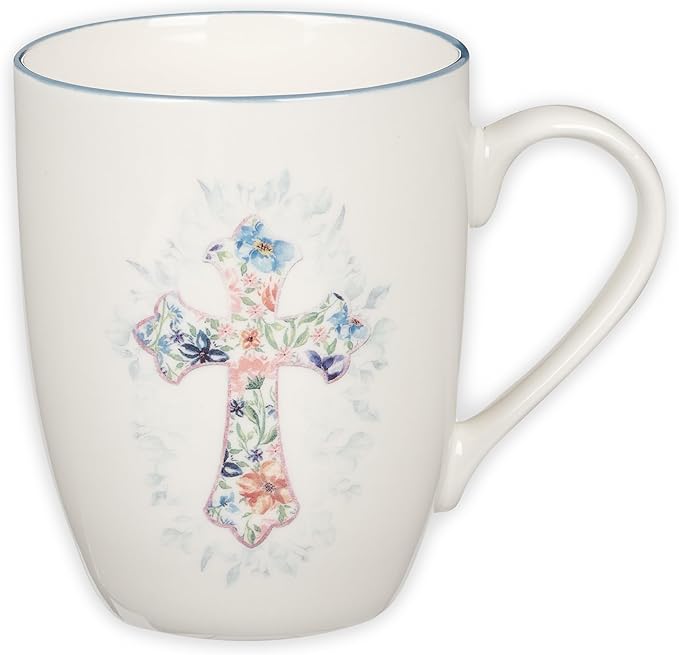 Christian Art Gifts Encouraging Ceramic Coffee & Tea Mug for Women: Pink & Light Blue Floral Cross, Cute Microwave & Dishwasher Safe Cup, Lead-free Clean Inspirational Novelty Drinkware, White, 12 oz.